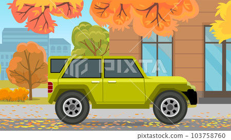 Modern car parking along town street in cartoon style. Vehicles car on city street Modern car parking along town street in cartoon style. Vehicles car on city street 103758760
