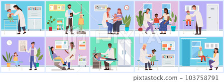 Set of illustrations about provision of medical services. Doctor working with patients in hospital Set of illustrations about provision of medical services. Doctor working with patients in hospital 103758791