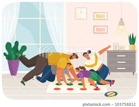 Cheerful family plays twister. People with game on floor spend time in room for trainings Cheerful family plays twister. People with game on floor spend time in room for trainings 103758812