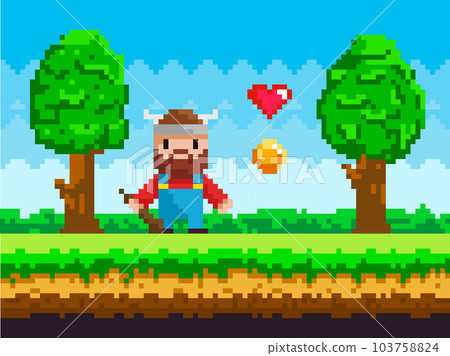 Viking wearing horned hat collects hearts and coins. Pixelated personage with weapon ready to figh 103758824