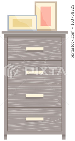 Wooden commode with drawers isolated on white background. Photo frames with pictures on closet Wooden commode with drawers isolated on white background. Photo frames with pictures on closet 103758825