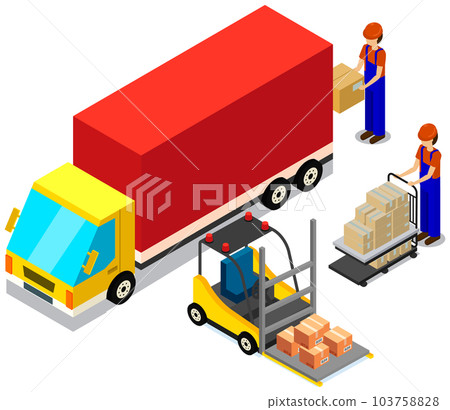 China delivery truck with orders. People loading car before shipping. Movers load car with parcels 103758828