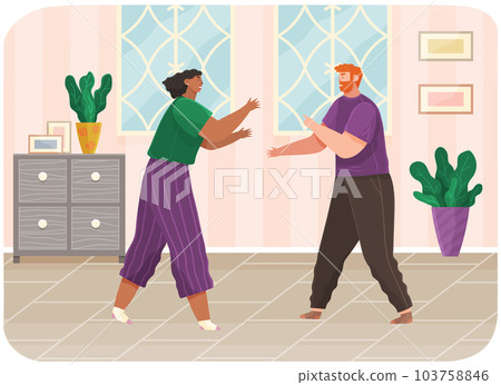 Young couple quarreling at home. Man and woman couple in bad relationship. Arguing, reprimanding 103758846