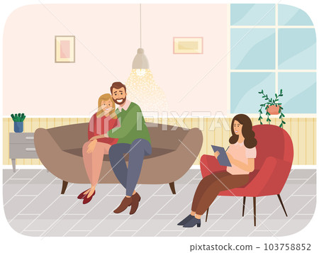 Happy married couple on couch and female psychologist or psychotherapist asks test, makes notes Happy married couple on couch and female psychologist or psychotherapist asks test, makes notes 103758852