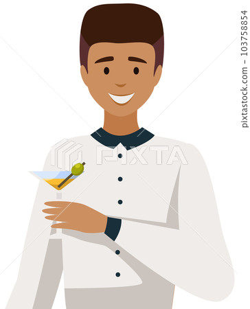 . Male character isolated on white background. Guy standing with martini in glass and olive . Male character isolated on white background. Guy standing with martini in glass and olive 103758854