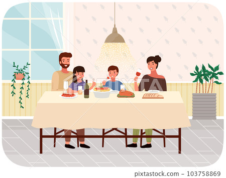 Family members are eating italian food pasta and meat steak sitting at cozy kitchen room together Family members are eating italian food pasta and meat steak sitting at cozy kitchen room together 103758869