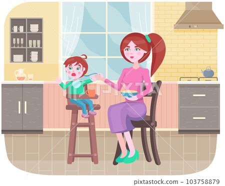 Mother feeding her little daughter sitting in high chair in kitchen. Woman gives her child porridge Mother feeding her little daughter sitting in high chair in kitchen. Woman gives her child porridge 103758879