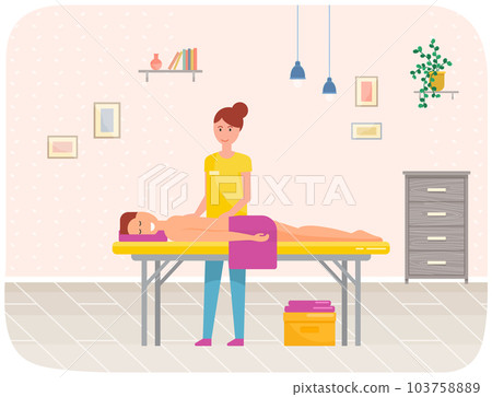 Woman in medical uniform doing back massage for patient. Man in towel lies and relaxes on couch Woman in medical uniform doing back massage for patient. Man in towel lies and relaxes on couch 103758889