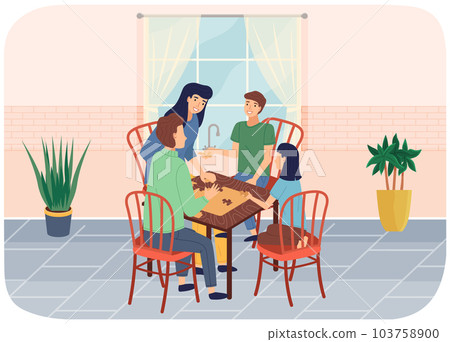 Happy family playing at home together. Puzzle table game, entertainment for parents and children. 103758900