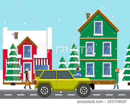 Automobile on background of winter cityscape with houses. Olive crossover, cross country car, jeep Automobile on background of winter cityscape with houses. Olive crossover, cross country car, jeep 103759687