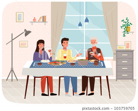 Family members at dining table with khinkali and adjarian khachapuri. People eating georgian food 103759705
