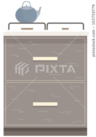 Kitchen equipment vector illustration. Modern stove with gas cooking zones and kettle on flame Kitchen equipment vector illustration. Modern stove with gas cooking zones and kettle on flame 103759779
