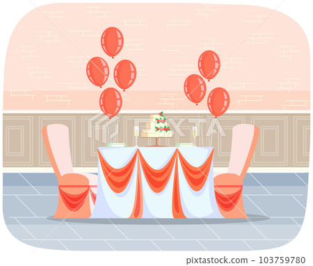 Decoration with wedding cake and balloons. Restaurant table for two person. Served table with dishes Decoration with wedding cake and balloons. Restaurant table for two person. Served table with dishes 103759780