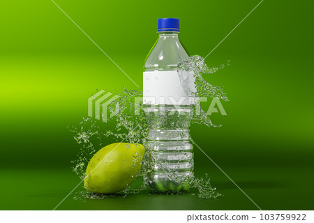 Mockup of bottle with splash water and lemon on green background. white blank label. Water bottle advertising. 3d illustration Mockup of bottle with splash water and lemon on green background. white blank label. Water bottle advertising. 3d illustration 103759922