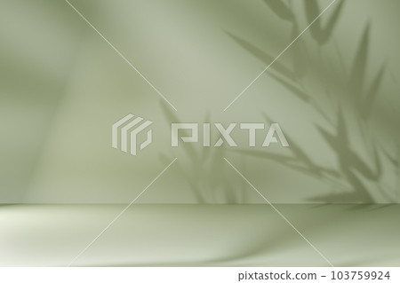 Minimal product placement background with bamboo shadow on green plaster wall. Luxury summer architecture interior aesthetic. Boho home room for product platform stage mockup. Minimal product placement background with bamboo shadow on green plaster wall. Luxury summer architecture interior aesthetic. Boho home room for product platform stage mockup. 103759924