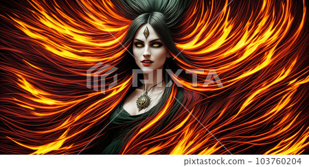 Woman with flaming flying hair 103760204