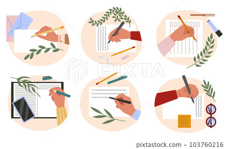Hands holding pen and making note. Person writing or painting. Diary plan. Paper document. Paintbrush and palette. Office desk top view. 103760216