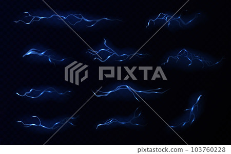 Lightning, electric thunderbolt strike, red impact, crack, magical energy flash. Night thunderstorm rays, electric power charge and thunder strike isolated vector set 103760228