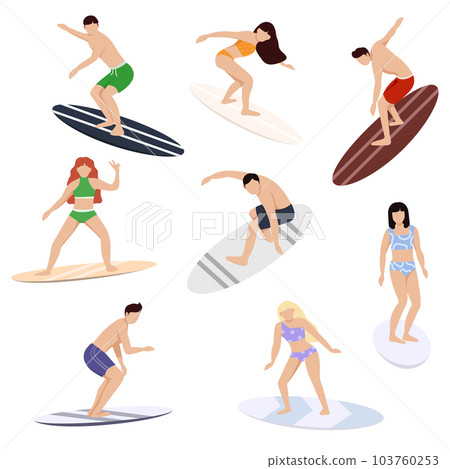 Surfers characters. People on boards dissect sea and ocean waves, beach sport, extreme athletes. Collection of cute funny people in swimwear surfing in sea or ocean. 103760253