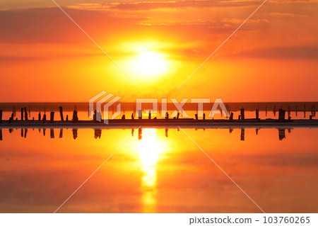 Orange sunset, dramatic and majestic sky over beach with sun reflection in water. Wood posts for salt extraction of extremely salty lake, Ukraine. Summer season, idyllic peaceful dusk sunlight Orange sunset, dramatic and majestic sky over beach with sun reflection in water. Wood posts for salt extraction of extremely salty lake, Ukraine. Summer season, idyllic peaceful dusk sunlight 103760265