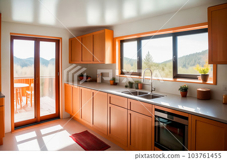 Modern kitchen interior made of wood with sunlight through the windows with a view of the nature of the mountains. Generative AI. 103761455