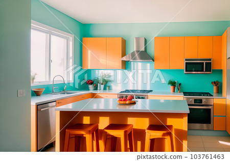 Modern kitchen interior made of wood with sunlight through the windows with a view of the nature of the mountains. Generative AI. 103761463