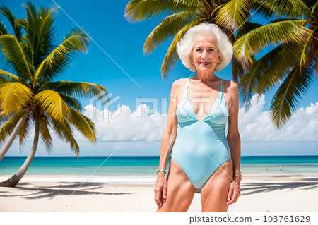 Portrait of a beautiful cute old grandmother with white gray hair in a one piece light blue swimsuit on a sunny day on a sea beach with palm trees. Generative AI. 103761629