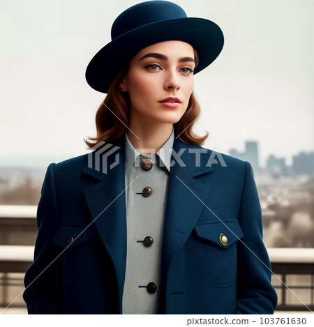 Street fashion portrait of stylish young elegant luxury woman in blue hat and coat or jacket in retro style. Generative AI. 103761630