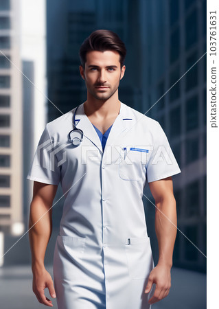 Portrait of handsome young muscular doctor surgeon with black nice hairstyle near a hospital in a big city wearing white uniform. Generative AI. 103761631