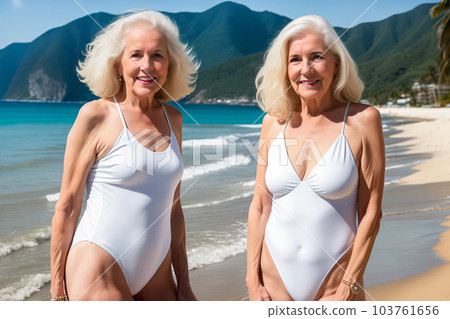 Portrait of two beautiful cute old grandmother friends with white gray hair in one piece white swimsuits on a sunny day on a sea beach with palm trees. Generative AI. Portrait of two beautiful cute old grandmother friends with white gray hair in one piece white swimsuits on a sunny day on a sea beach with palm trees. Generative AI. 103761656