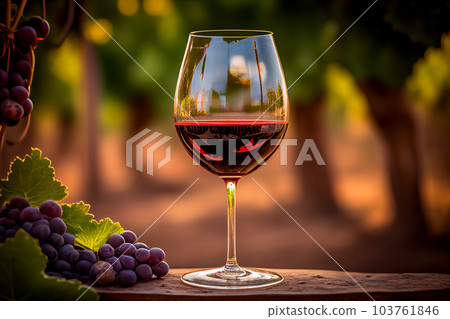 Glass of red wine with vine branches in vineyard. 103761846