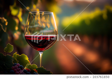Glass of red wine with vine branches in vineyard. Glass of red wine with vine branches in vineyard. 103761850