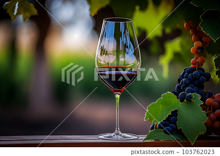 Glass of red wine with vine branches in vineyard. Glass of red wine with vine branches in vineyard. 103762023