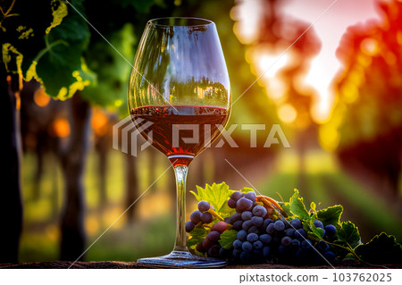 Glass of red wine with vine branches in vineyard. 103762025