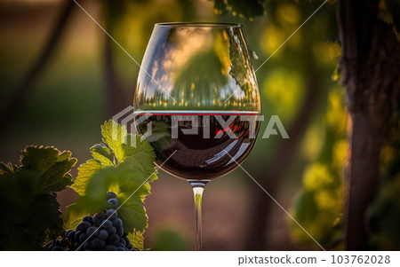 Glass of red wine with vine branches in vineyard. 103762028