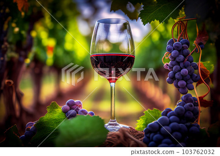 Glass of red wine with vine branches in vineyard. Glass of red wine with vine branches in vineyard. 103762032