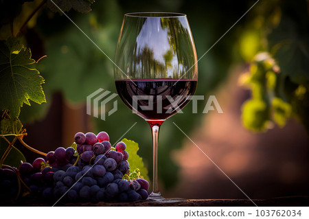 Glass of red wine with vine branches in vineyard. 103762034