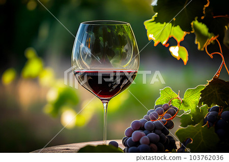 Glass of red wine with vine branches in vineyard. 103762036