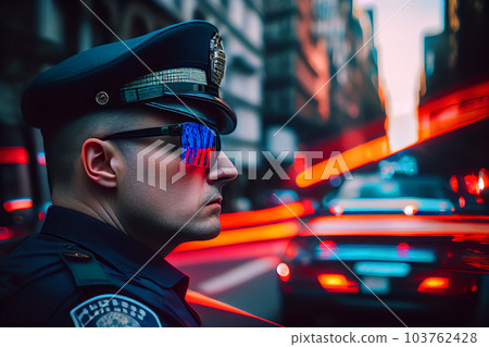 Police officer with Police lights in New York.  103762428