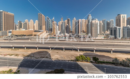 Panorama showing Dubai Marina skyscrapers and Sheikh Zayed road with metro railway, United Arab Emirates Panorama showing Dubai Marina skyscrapers and Sheikh Zayed road with metro railway, United Arab Emirates 103762553