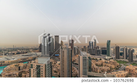 Aerial panoramic skyline of a big futuristic city timelapse. Business bay and Downtown 103762698