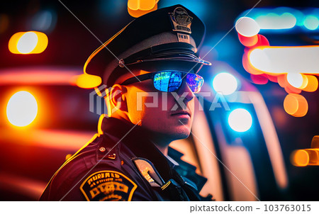 Police officer with Police lights in New York.  103763015