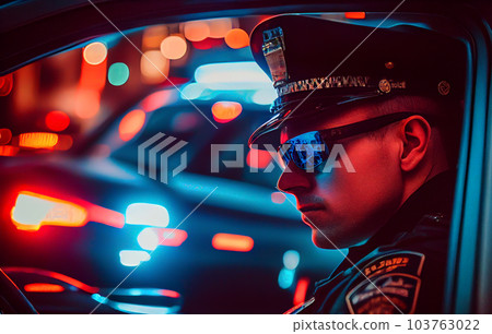 Police officer with Police lights in New York.  103763022