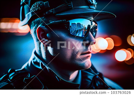 Police officer with Police lights in New York.  103763026