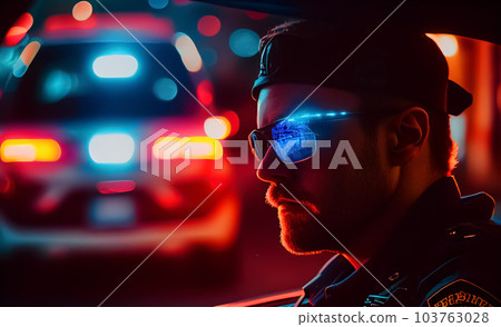 Police officer with Police lights in New York. Police officer with Police lights in New York. 103763028
