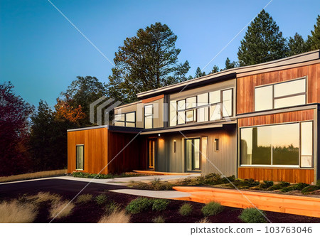 Prefab house on sunset. Modern Suburban Modular house construction. Prefab house on sunset. Modern Suburban Modular house construction. 103763046