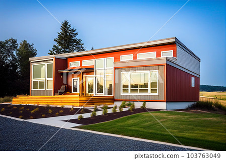 Prefab house on sunset. Modern Suburban Modular house construction.  103763049