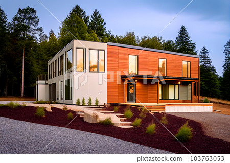 Prefab house on sunset. Modern Suburban Modular house construction.  103763053