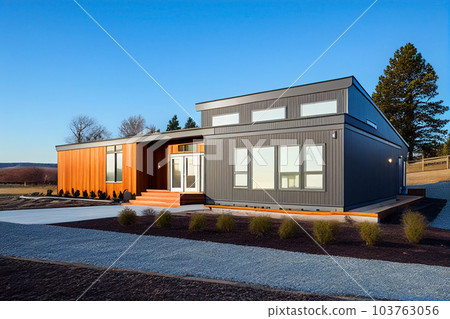 Prefab house on sunset. Modern Suburban Modular house construction. Prefab house on sunset. Modern Suburban Modular house construction. 103763056
