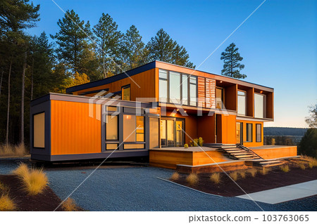 Prefab house on sunset. Modern Suburban Modular house construction. Prefab house on sunset. Modern Suburban Modular house construction. 103763065
